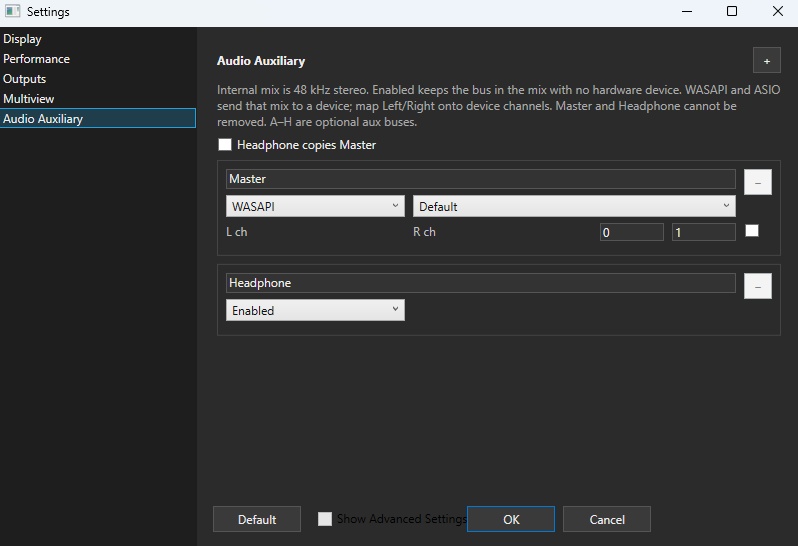 Screenshot of the Audio AUX settings