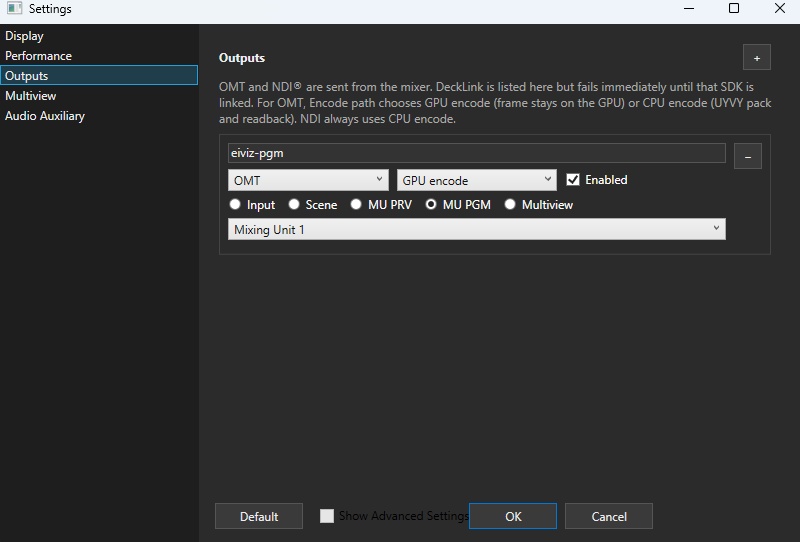 Screenshot of the Outputs settings