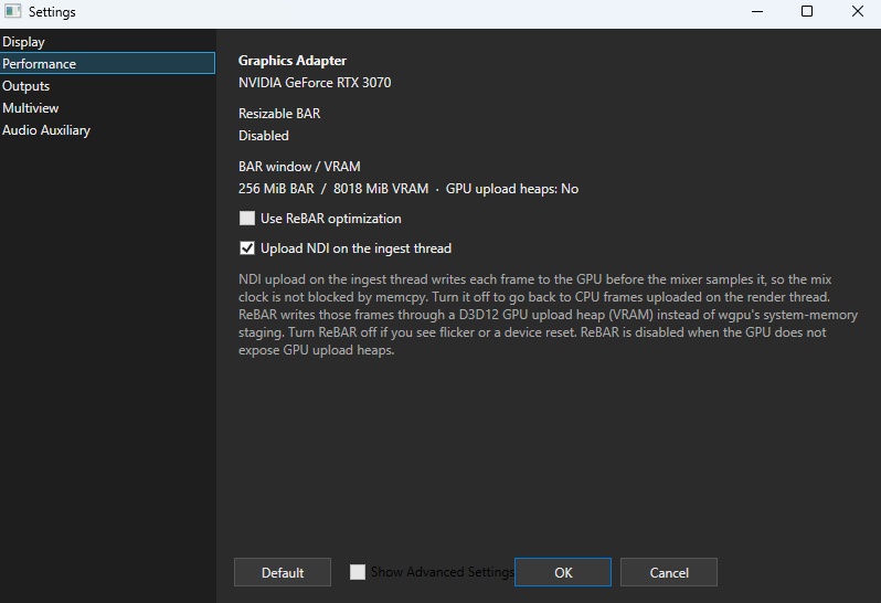 Screenshot of the Performance settings