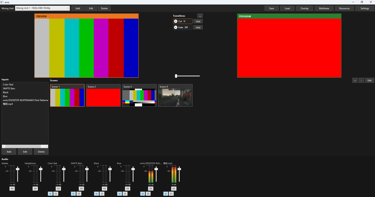 eivizのメイン画面。PreviewとProgram、Inputs、Scenes、音声フェーダーが並ぶ