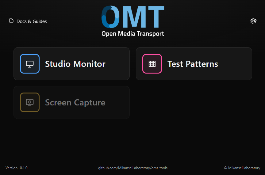 OMT Tools のホーム画面。Studio Monitor、Test Patterns、Screen Capture を起動できるランチャー